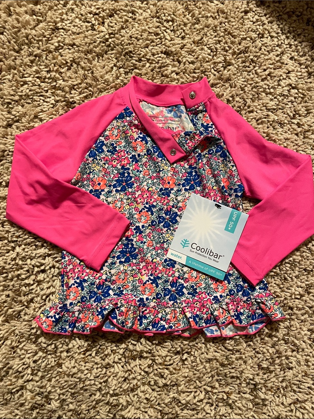 Coolibar Girls' Hot Pink Floral Long-Sleeve Rashguard